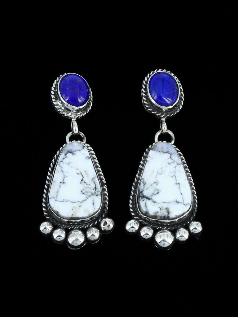 Navajo Sterling Silver White Buffalo and Lapis Post Earrings - PuebloDirect.com
