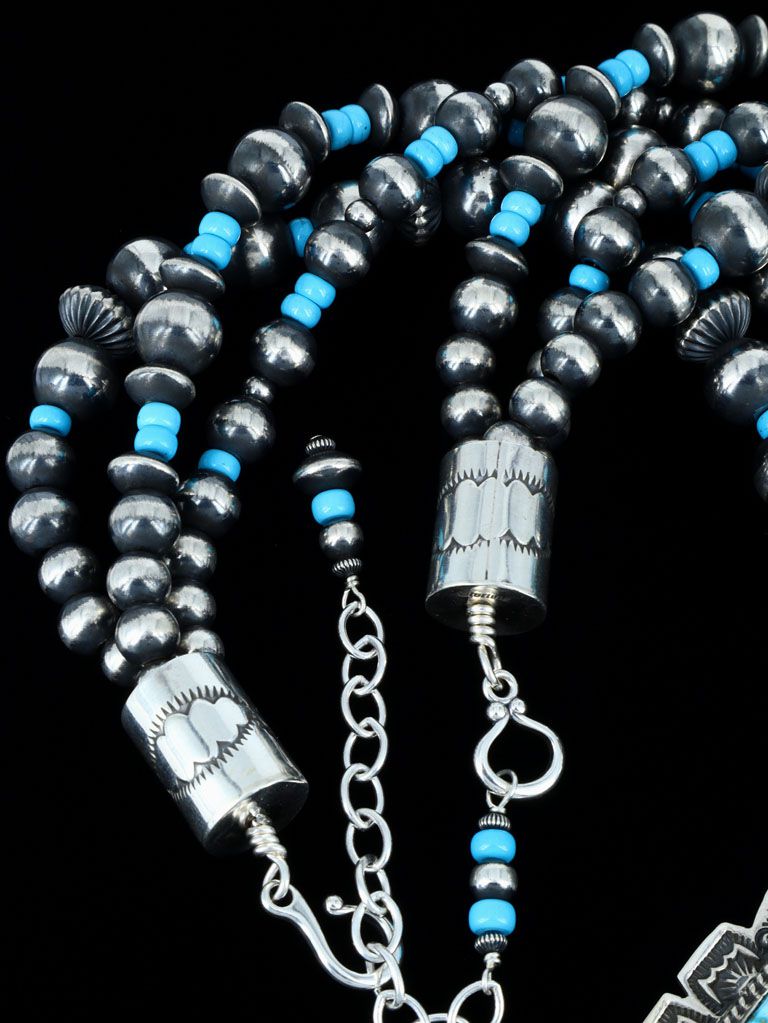 Native American Kingman Turquoise Pendant With Beaded Necklace and Earrings - PuebloDirect.com
