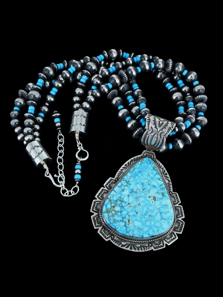 Native American Kingman Turquoise Coral Silver Pendant Necklace - Objects  of Beauty
