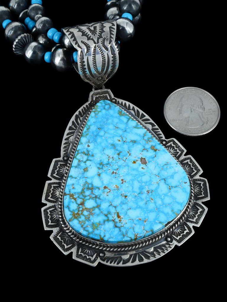 Native American Kingman Turquoise Pendant With Beaded Necklace and Earrings - PuebloDirect.com
