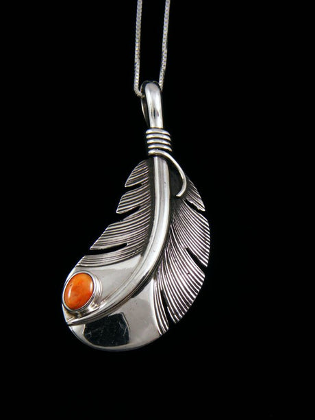 Native American Sterling Silver Spiny Oyster Feather Pendant - PuebloDirect.com
