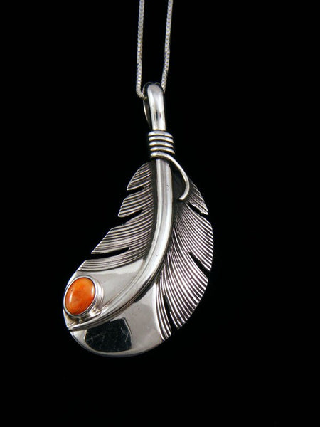 Native American Sterling Silver Spiny Oyster Feather Pendant