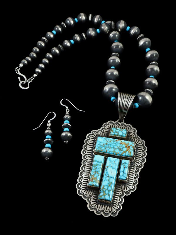 Native American Kingman Turquoise Necklace and Earrings Set - PuebloDirect.com