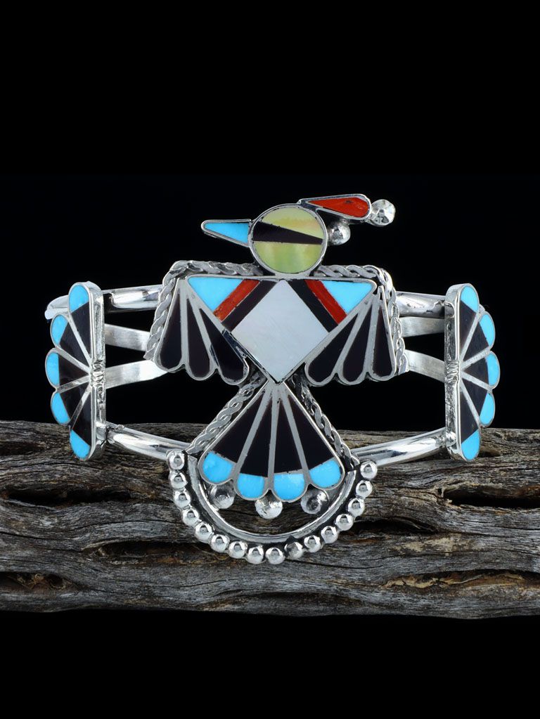 Native American Jewelry Zuni Thunderbird Inlay Cuff Bracelet - PuebloDirect.com