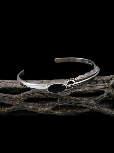 Native American Sterling Silver and Onyx Feather Bracelet - PuebloDirect.com