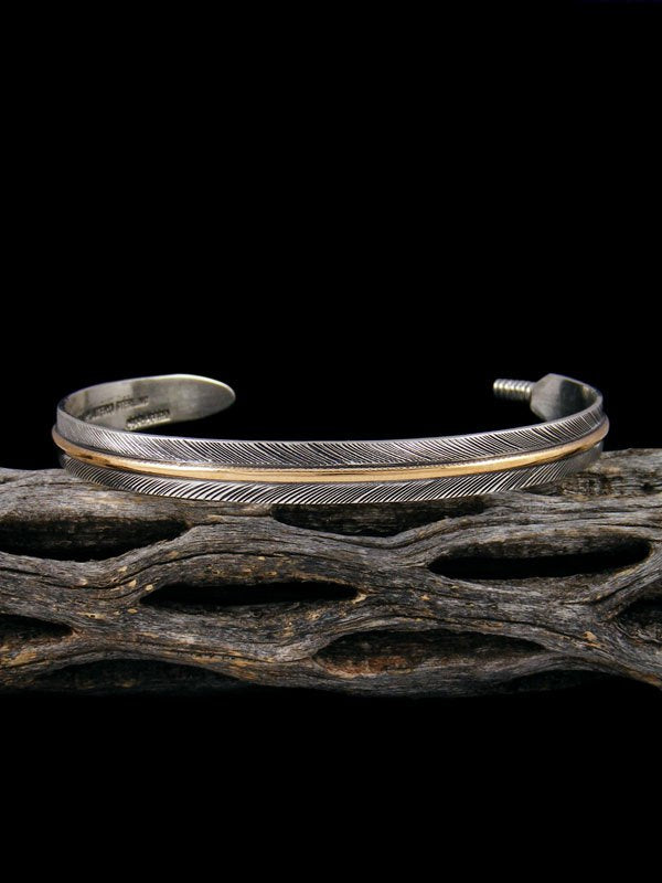 Native American Sterling Silver and 12kt Gold Feather Bracelet - PuebloDirect.com