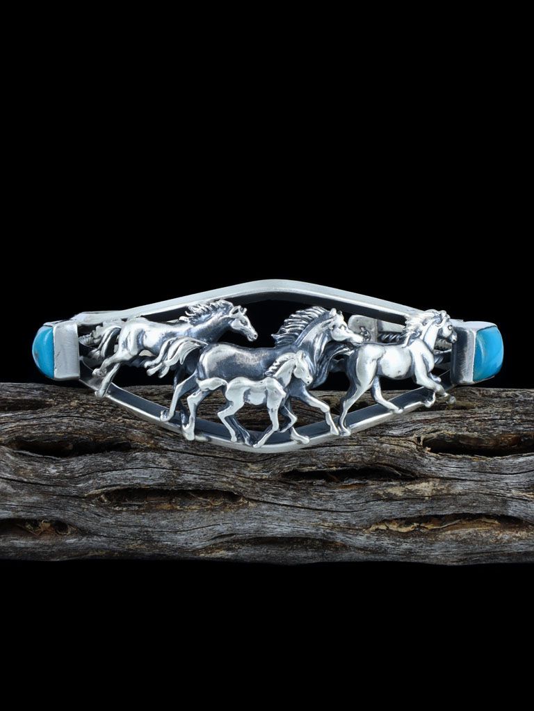 Native American Sterling Silver Running Horse Turquoise Cuff Bracelet - PuebloDirect.com