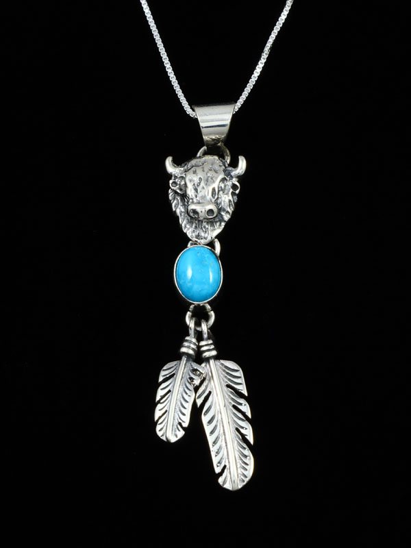 Navajo Sterling Silver 3D Turquoise Buffalo Pendant - PuebloDirect.com