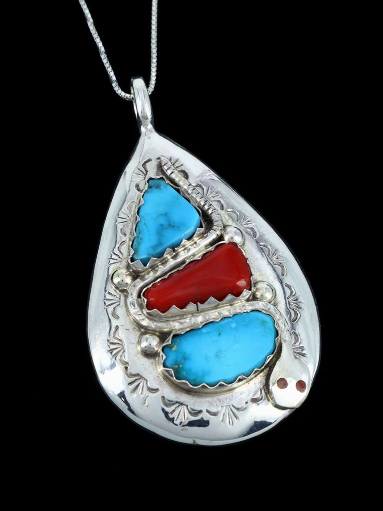 Zuni Jewelry Turquoise and Coral Snake Pendant - PuebloDirect.com