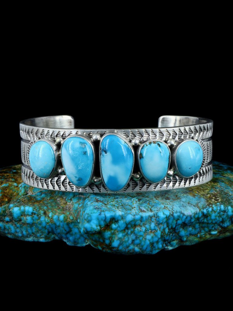 Navajo Natural Blue Moon Turquoise Stamped Cuff Bracelet - PuebloDirect.com