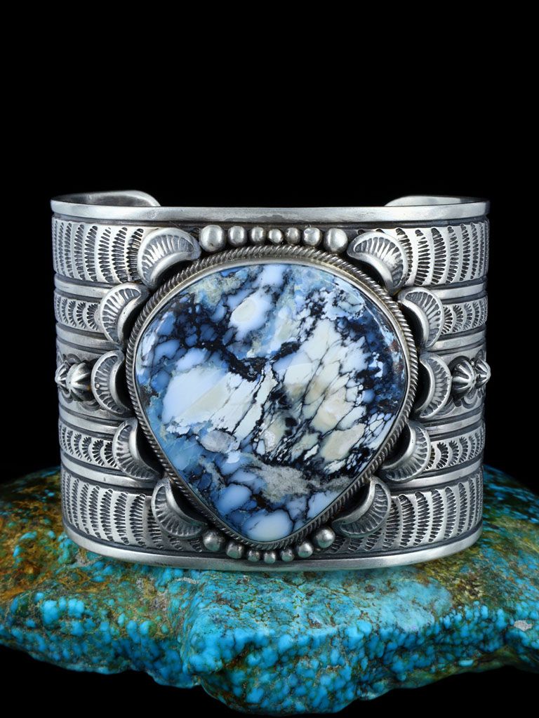 Navajo Natural Wild Blue Sterling Silver Wide Cuff Bracelet - PuebloDirect.com