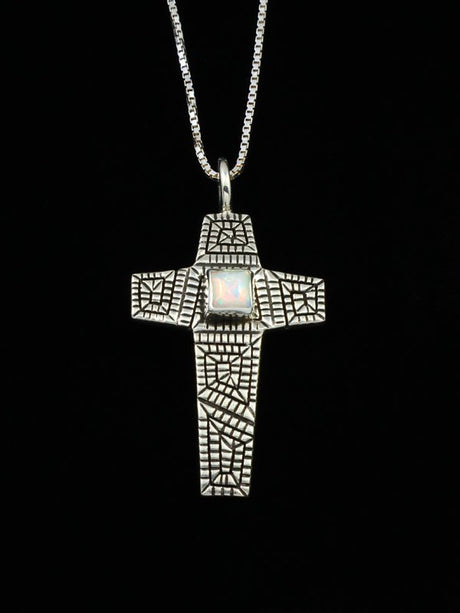 Native American Sterling Silver Opalite Cross Pendant - PuebloDirect.com