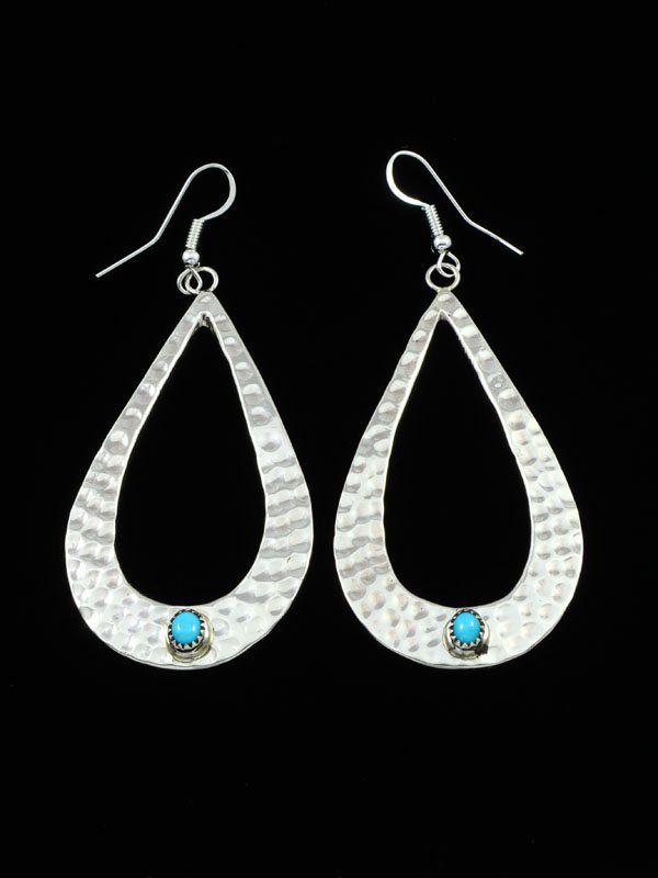 Navajo Turquoise Hammered Sterling Silver Dangle Earrings - PuebloDirect.com