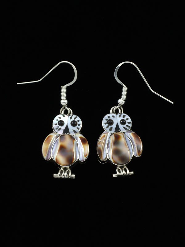 Shell Zuni Inlay Owl Dangle Earrings - PuebloDirect.com