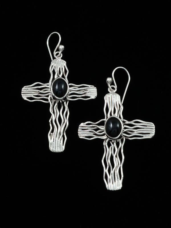 Navajo Onyx Sculpted Wire Dangle Cross Earrings - PuebloDirect.com