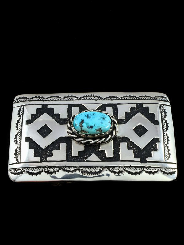 Native American Hand Crafted Sterling Silver Overlay and Turquoise Buckle - PuebloDirect.com