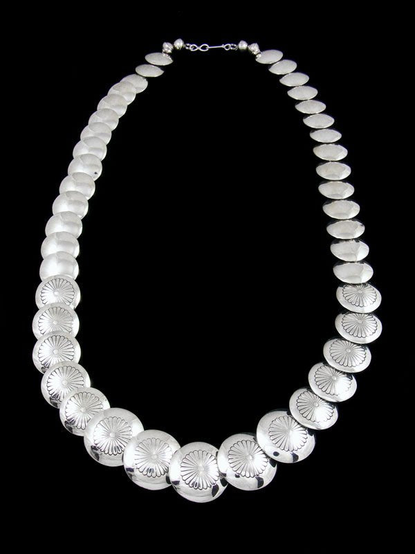 24" Native American Sterling Silver Disc Bead Necklace - PuebloDirect.com