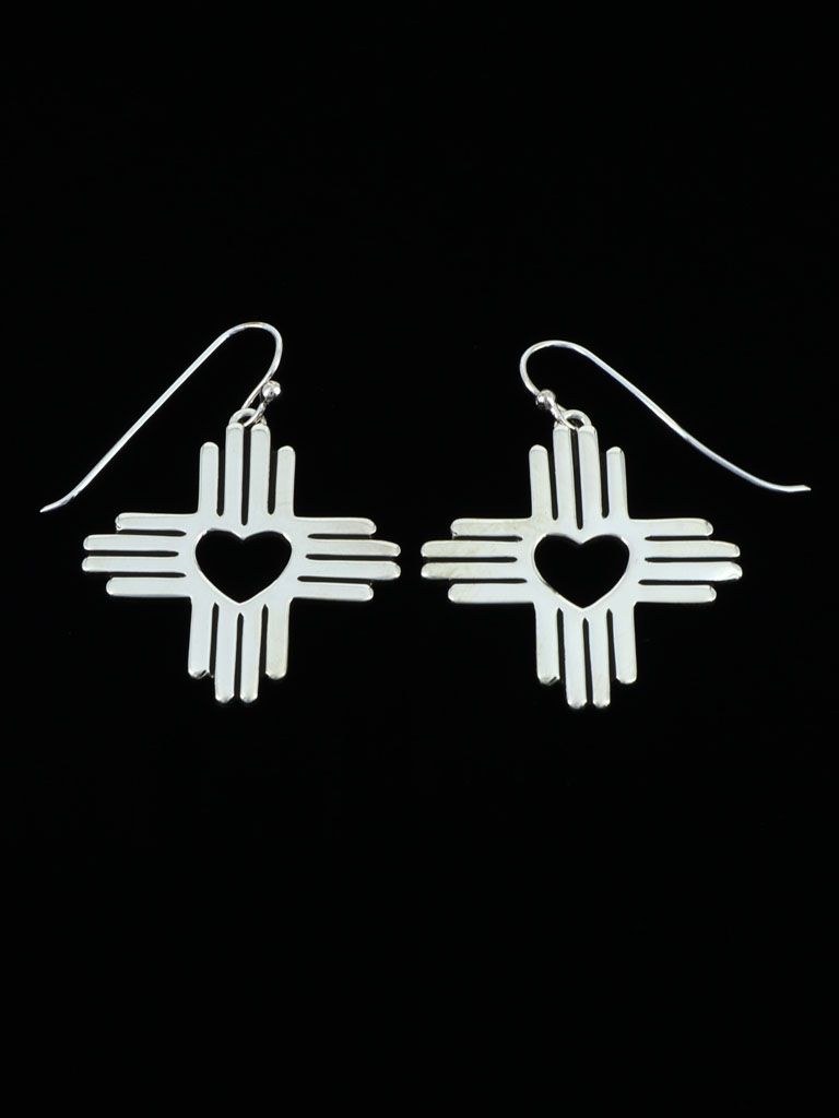 Navajo Sterling Silver Dangle Zia Heart Earrings - PuebloDirect.com