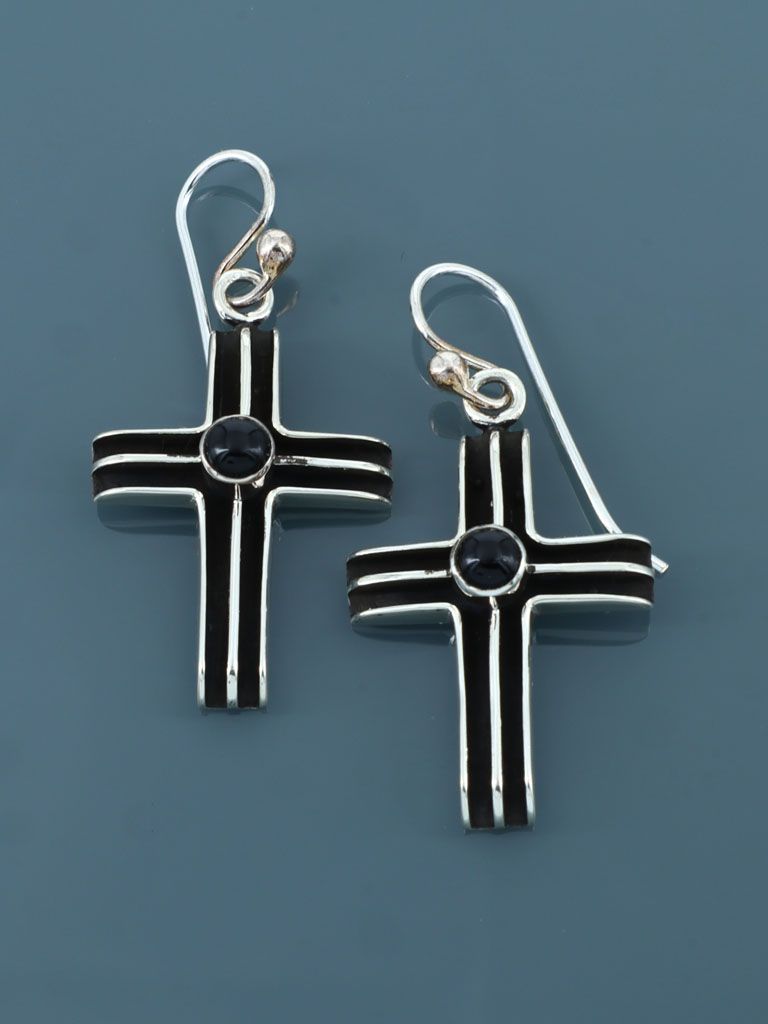 Native American Sterling Silver Black Onyx Dangle Cross Earrings - PuebloDirect.com