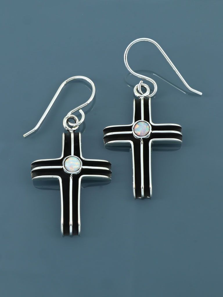 Native American Sterling Silver Opalite Dangle Cross Earrings - PuebloDirect.com