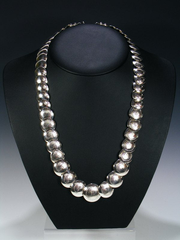 25" Native American Sterling Silver Disc Bead Necklace - PuebloDirect.com