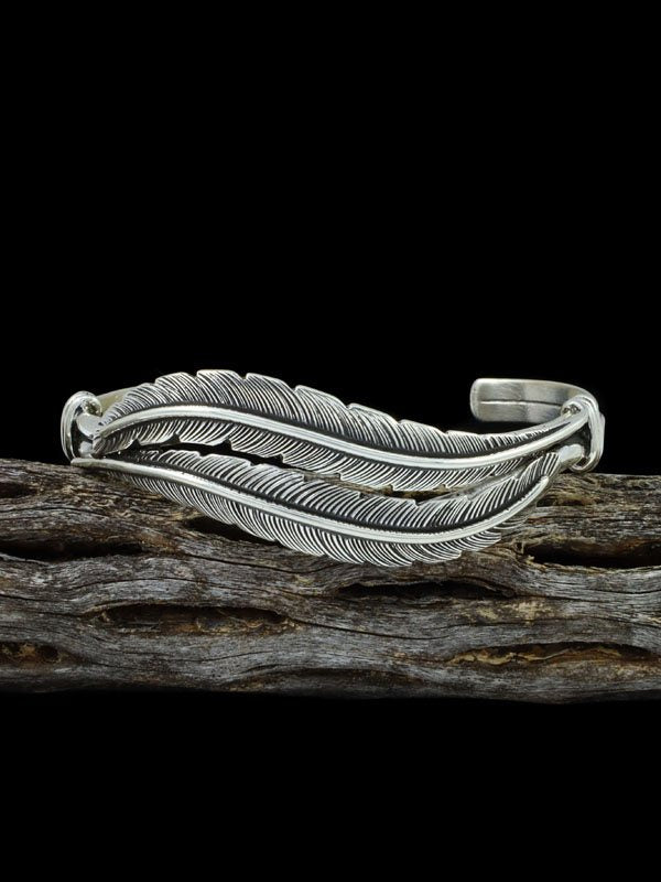 Navajo Sterling Silver Double Feather Cuff Bracelet - PuebloDirect.com