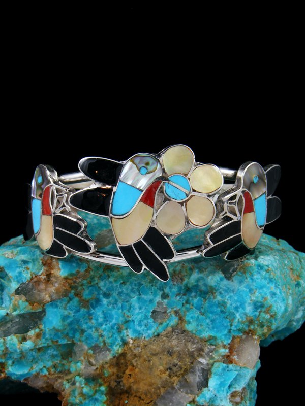 Zuni Hummingbird Inlay Sterling Silver Cuff Bracelet - PuebloDirect.com