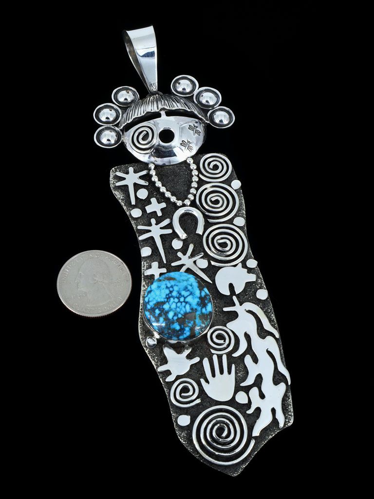 Navajo Sterling Silver Kingman Turquoise Maiden Petroglyph Pendant - PuebloDirect.com