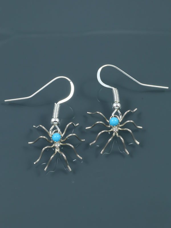 Bright Blue Turquoise Spider Sterling Silver Dangle Earrings - PuebloDirect.com