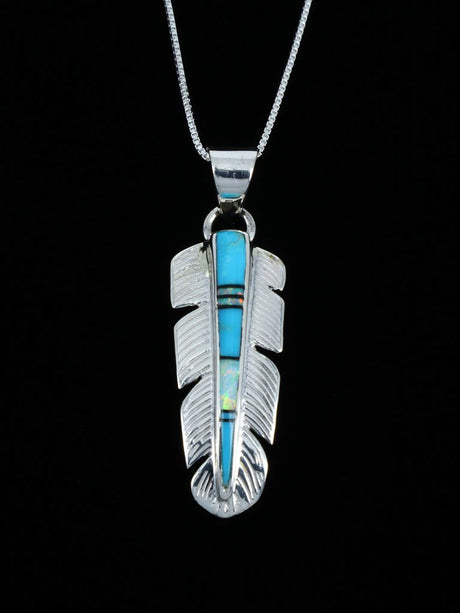 Navajo Turquoise Inlay Feather Pendant - PuebloDirect.com