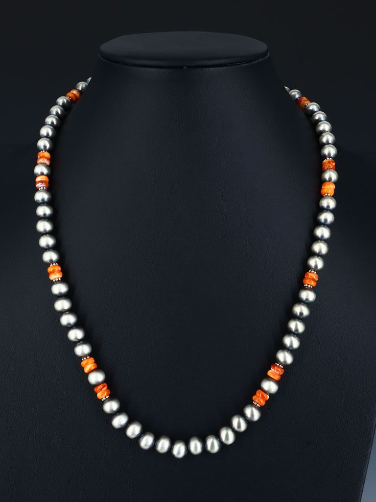 Native American Spiny Oyster and Sterling Silver Bead Necklace - PuebloDirect.com