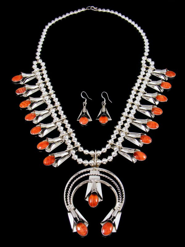 Orange Spiny Oyster Sterling Silver Squash Blossom Necklace Set - PuebloDirect.com