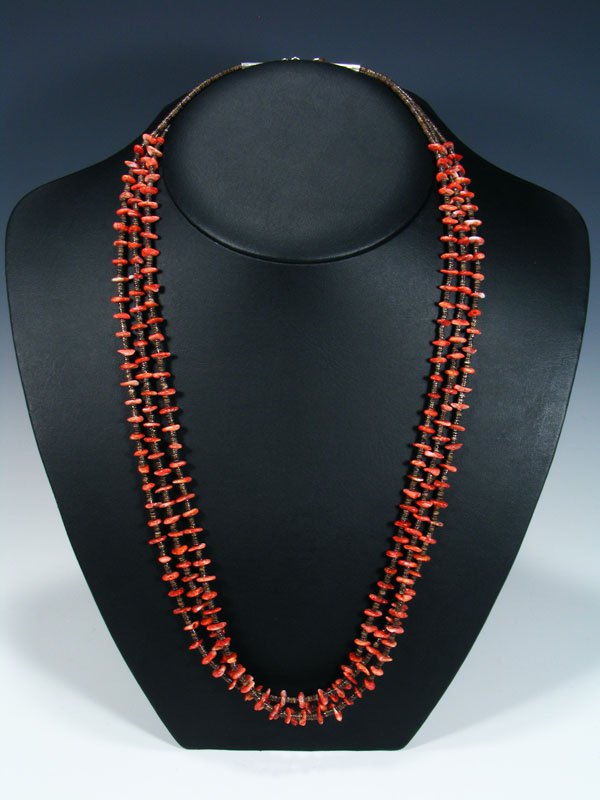 Native American Spiny Oyster and Shell Heishi Triple Strand Necklace - PuebloDirect.com