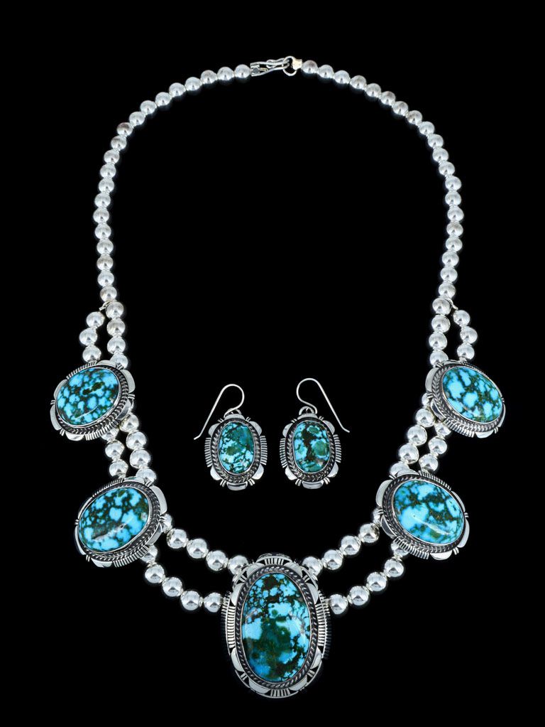 Native American Jewelry Kingman Turquoise Necklace and Earrings Set - PuebloDirect.com