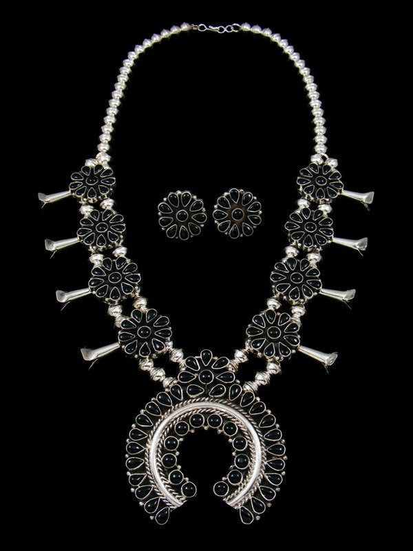 Native American Black Onyx Squash Blossom Necklace and Earrings Set - PuebloDirect.com