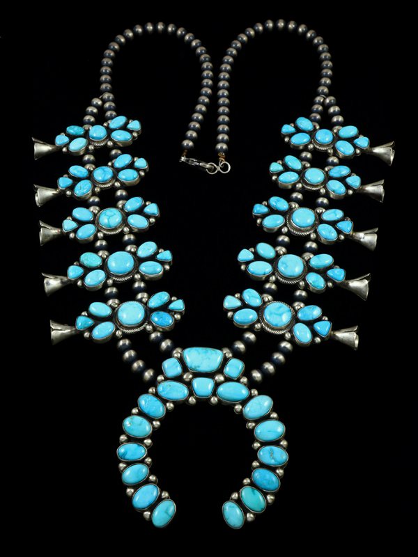 Native American Sterling Silver Kingman Turquoise Squash Blossom Necklace - PuebloDirect.com