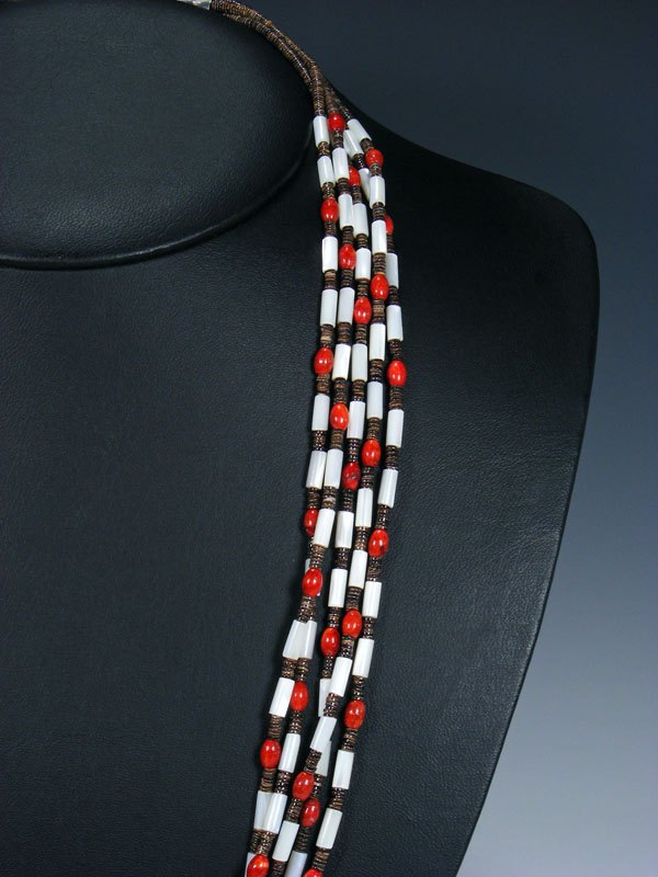 Native American Indian Santo Domingo Five Strand Mother of Pearl and Coral Necklace - PuebloDirect.com