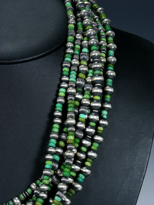 Navajo Turquoise Seven Strand Beaded Necklace and Earring Set - PuebloDirect.com