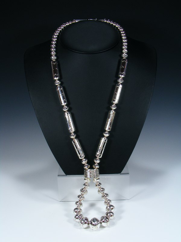 Native American Sterling Silver Navajo Pearl Bead Necklace with Jocla - PuebloDirect.com