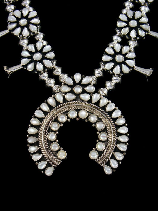 Native American Mother of Pearl Squash Blossom Necklace and Earrings Set - PuebloDirect.com