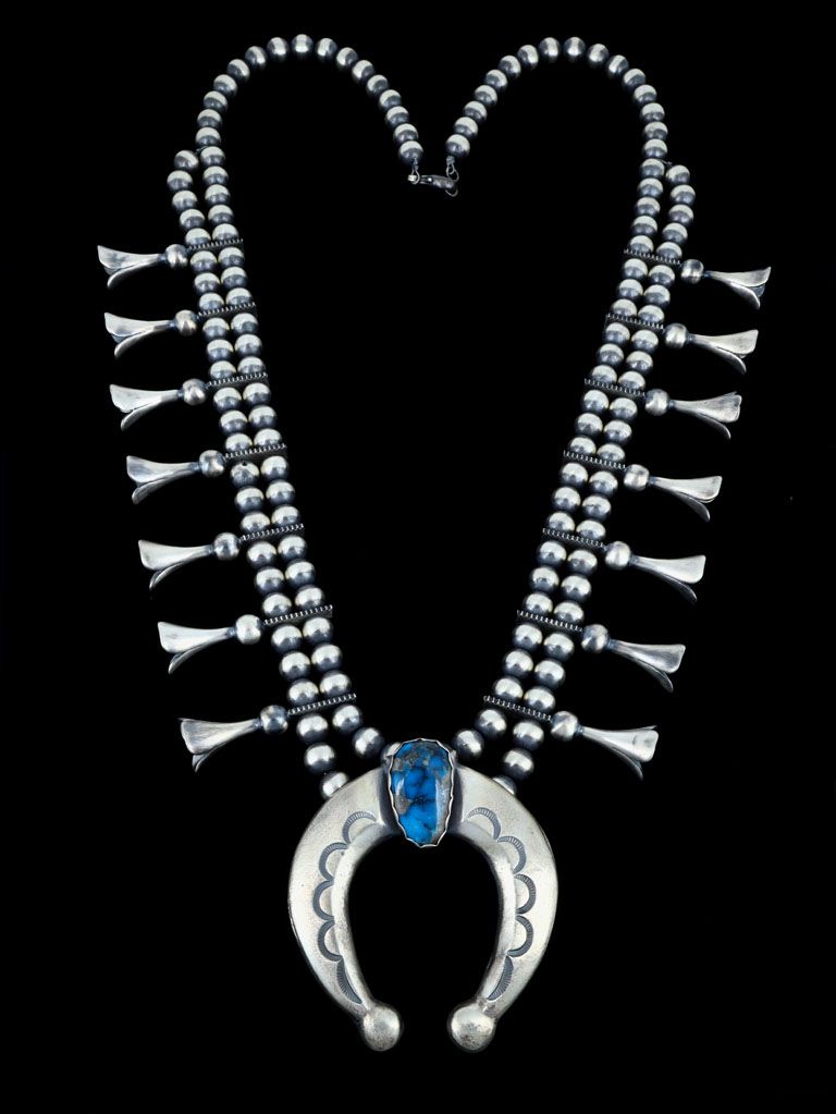 Native American Kingman Turquoise Squash Blossom Sterling Silver Necklace - PuebloDirect.com