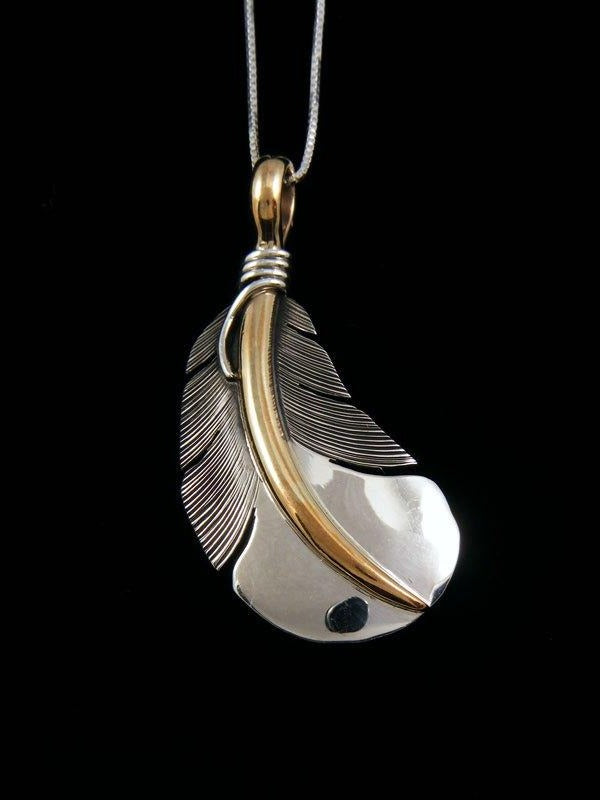 Native American Sterling Silver and 12kt Gold Feather Pendant - PuebloDirect.com