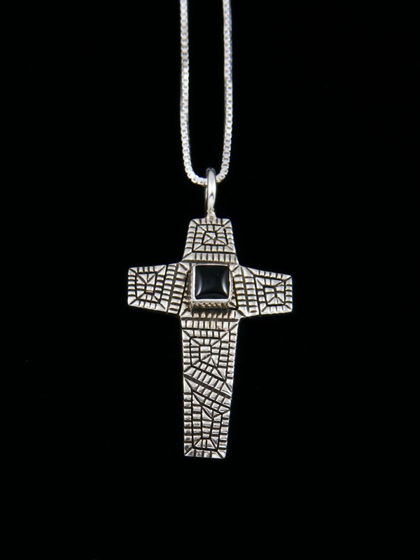 Native American Sterling Silver Onyx Cross Pendant - PuebloDirect.com