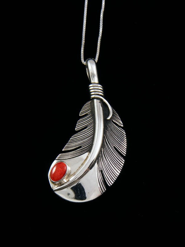 Native American Sterling Silver Coral Feather Pendant - PuebloDirect.com