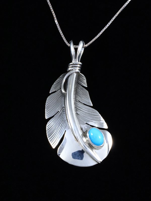 Native American Sterling Silver Turquoise Feather Pendant - PuebloDirect.com