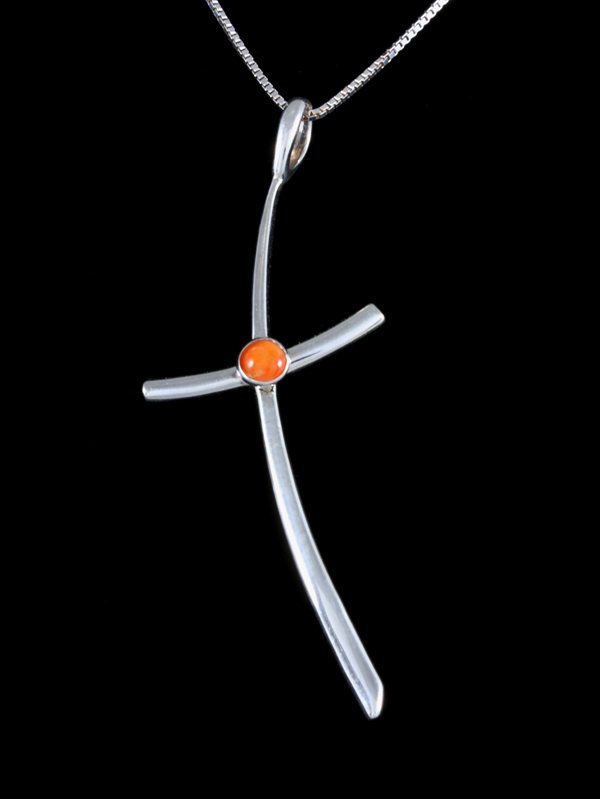 Native American Jewelry Sterling Silver Spiny Oyster Cross Pendant - PuebloDirect.com