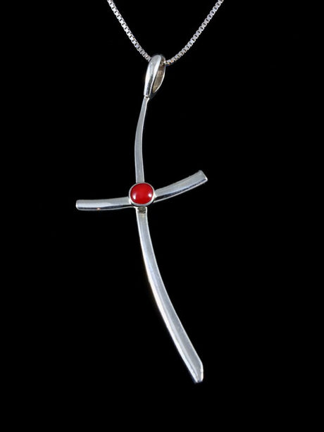 Native American Jewelry Sterling Silver Coral Cross Pendant - PuebloDirect.com