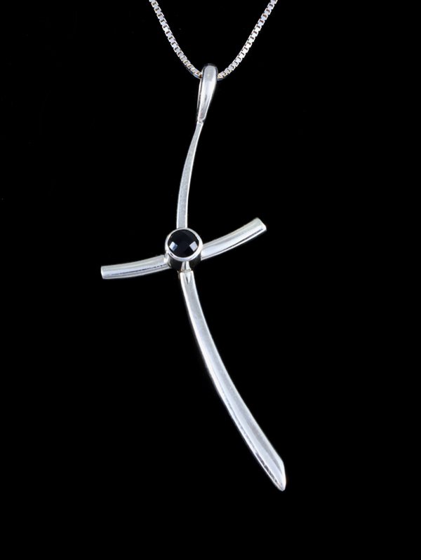 Native American Jewelry Sterling Silver Onyx Cross Pendant - PuebloDirect.com