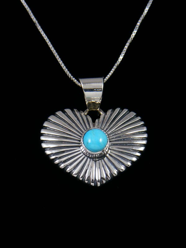 Navajo Sterling Silver Turquoise Heart Pendant - PuebloDirect.com