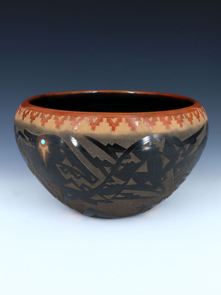Santa Clara Pueblo Avanyu Hand Coiled Black Pottery Bowl - PuebloDirect.com